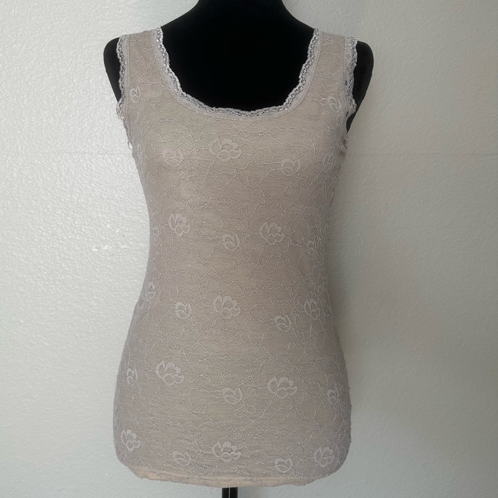 VILA Clothes Lace Tank Top Beige Nude Floral Sheer XS